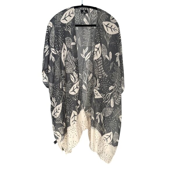 BB Collection Kimono Bathing Suit Cover Up Leaves Gray White Womens One Size O/S - Picture 1 of 12